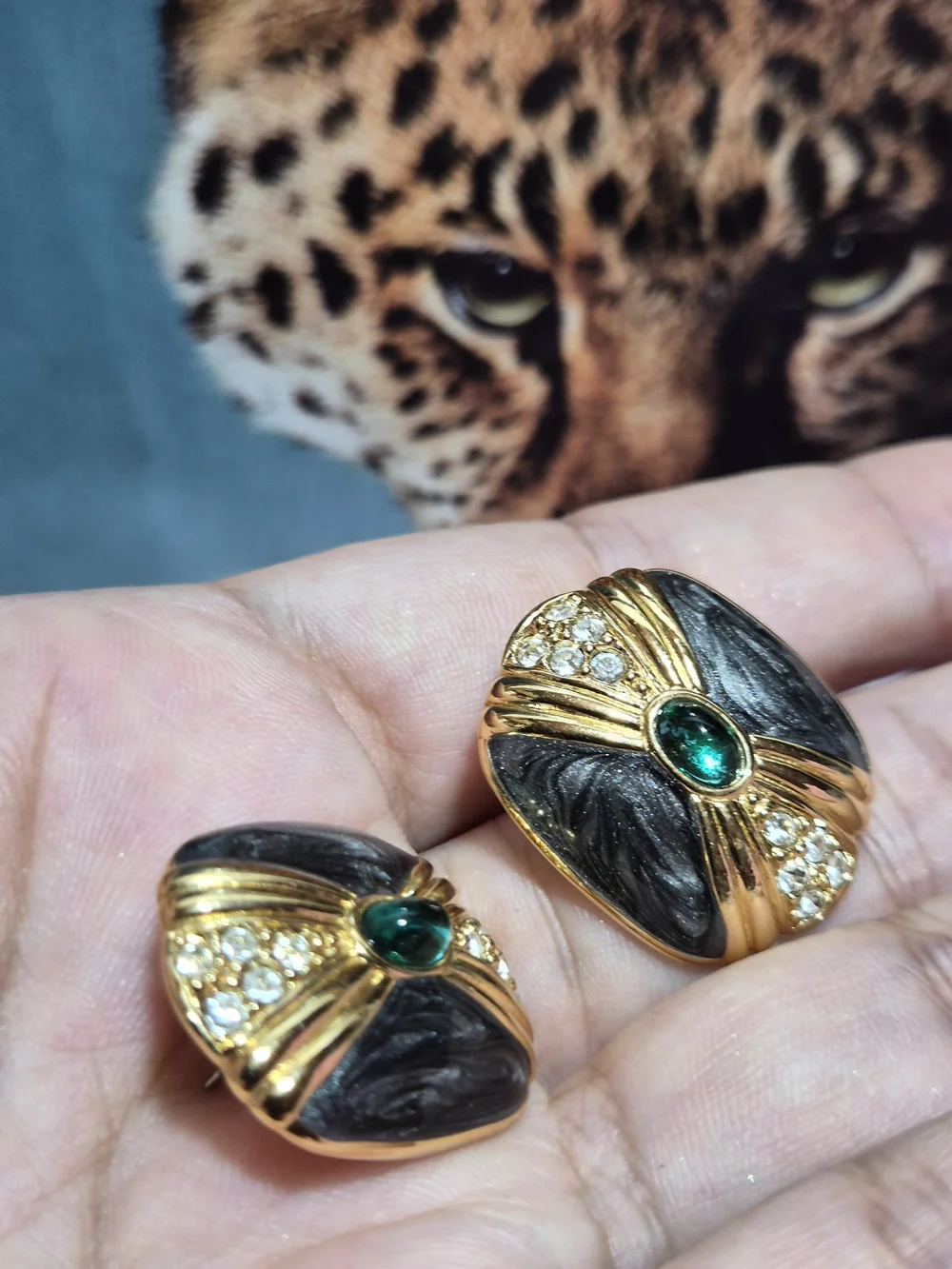 Kenneth Jay Lane Gold-Tone Black Enamel Earrings with Green Stone - Picture 4 of 6